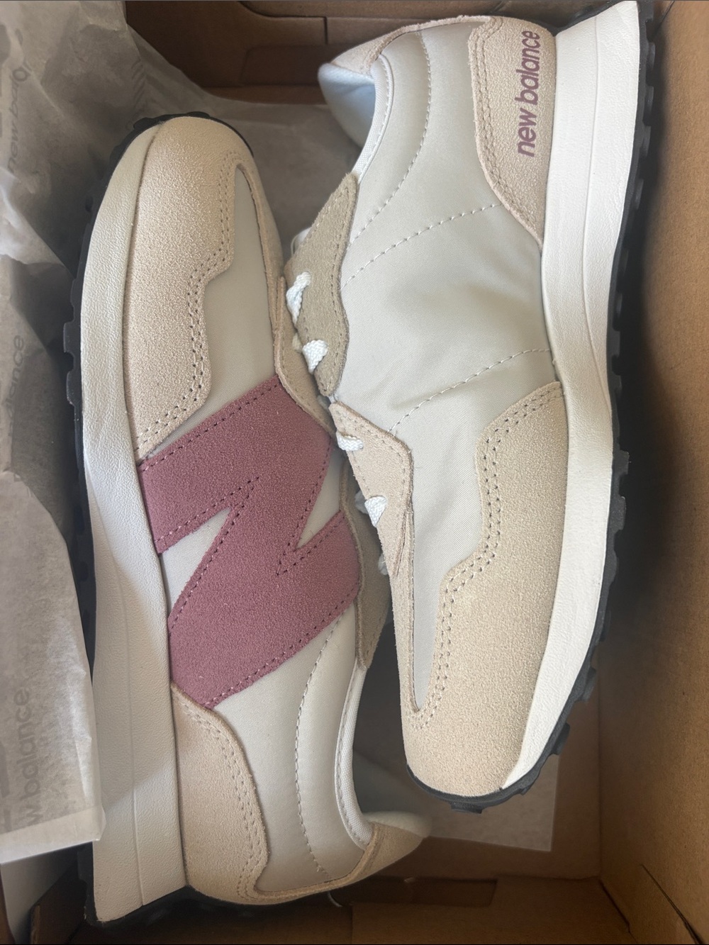 New Balance Kids 4.5 and Women’s 6.5 Cream & Dusty Rose 327-Inspired Sneaker